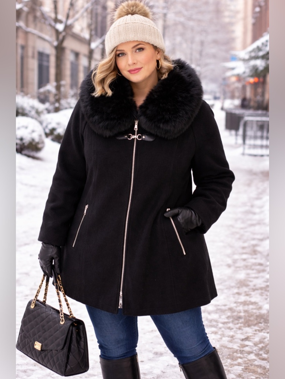 Laura Petites Black Women's Coat with Removable Faux Fur Collar